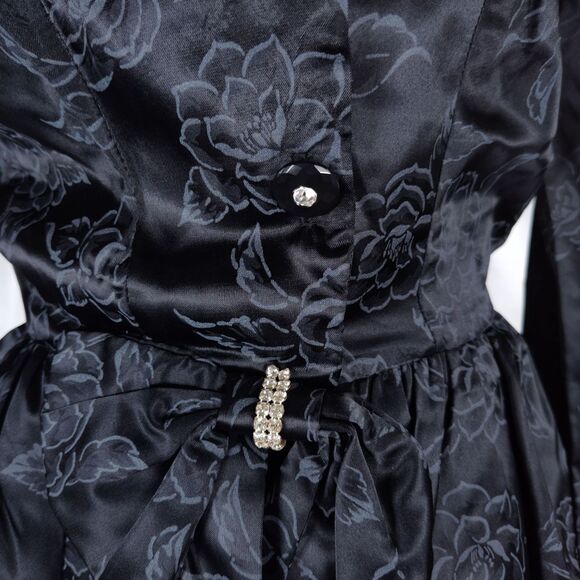 Vintage 80s Peplum Satin Midi Skirt Set Size 6 Black Floral Rose Print Goth - Picture 4 of 16